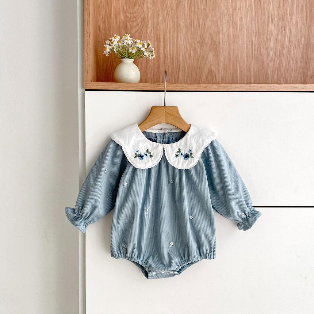 Bestickter Kragen Baby Mädchen Strampler im koreanischen Stil - Frühling/Herbst Mode Langarm Jumpsuit