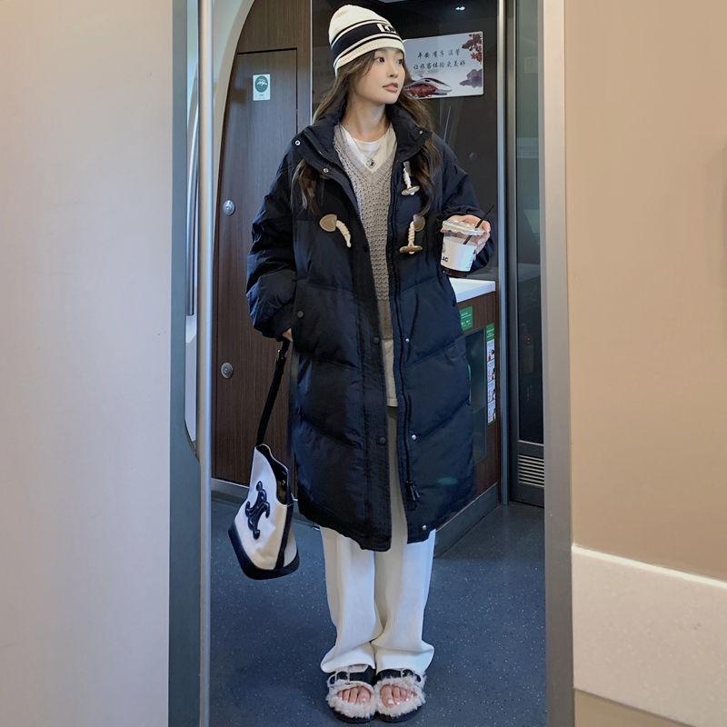 Horn Button New Cotton Coat, Down Cotton Coat, Women's Winter Coat, Small Person's Cotton Coat, Loose Thickened Medium and Long Style