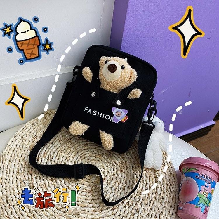 Cute Casual Cartoon Bear Canvas Crossbody Bag For Girls Stylish And Trendy Design чёрный