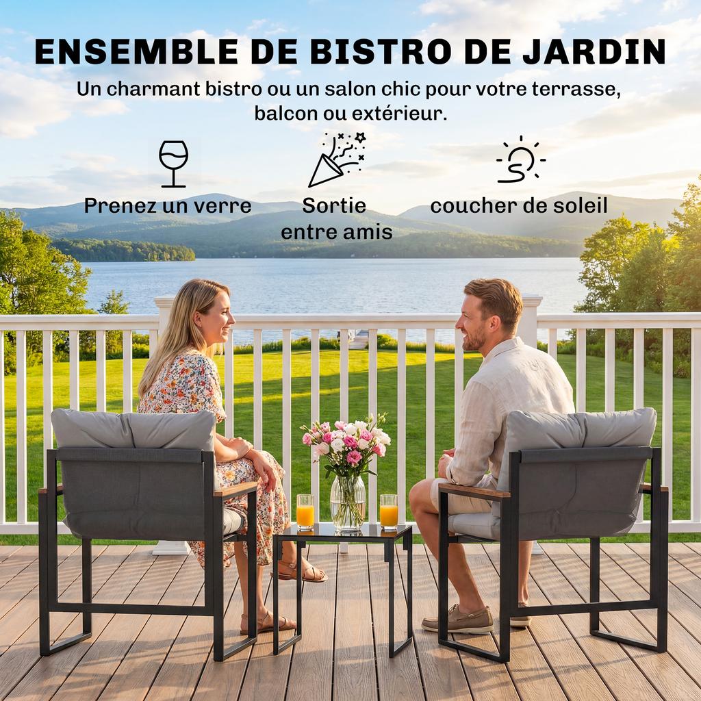 3 Piece Garden Furniture Set 2 Seater With 2 Armchairs And 1 Coffee Table Tempered Glass Top And Cushions Gray