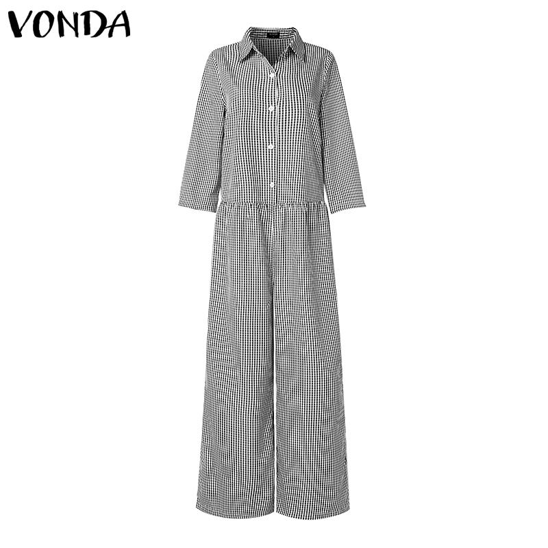 VONDA Women Lapel Neck Long Sleeve Plaid Casual Long Jumpsuits Overalls