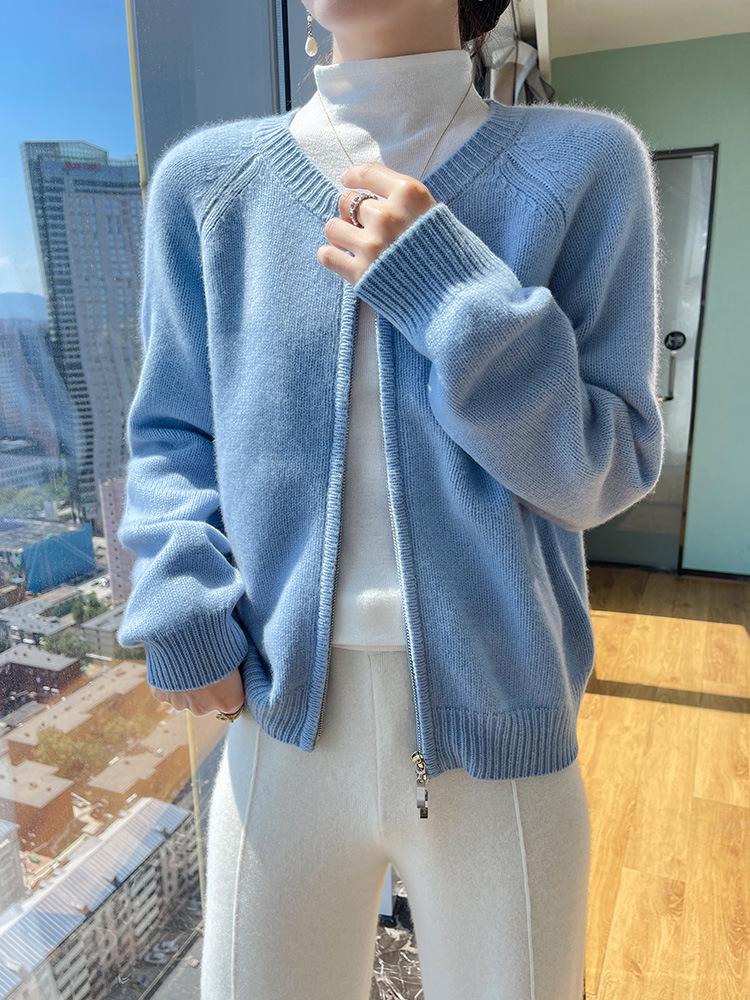 Korean Style Retro Round Neck Knit Cardigan for Women - Petite Autumn High Waist Zip Sweater