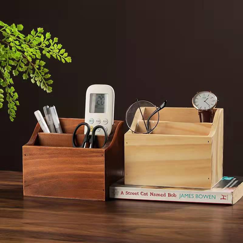 In-Stock Wooden Desktop Storage Box: Two-Compartment Pen Holder & Remote Control Organizer for Office or Living Room.