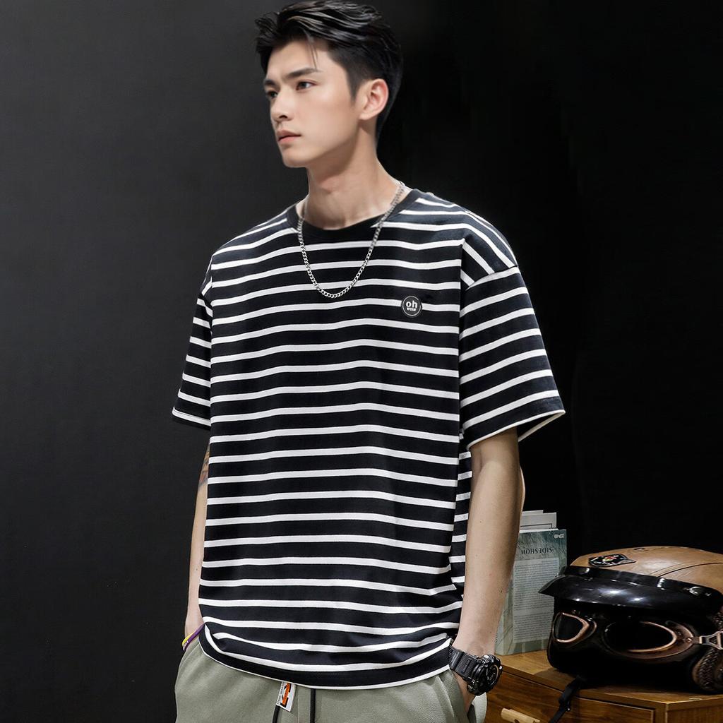 TonLion 2025 Summer Men's Left Chest Small Logo Striped Short-Sleeve T-Shirt, S, Black