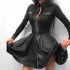 Fashion Women Lace Long Sleeve Zipper Pocket Large Hem Faux Leather Mini Dress