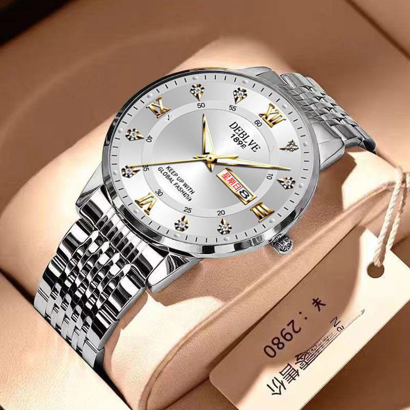 Leuchtende, wasserdichte Modeuhr für Herren mit Doppelkalender und massivem Armband