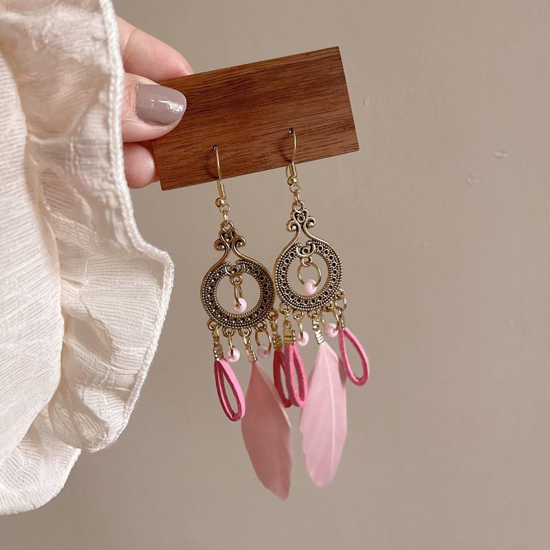 Bohemian Feather Seed Bead Tassel Earrings - Retro Ethnic Dangle Jewelry