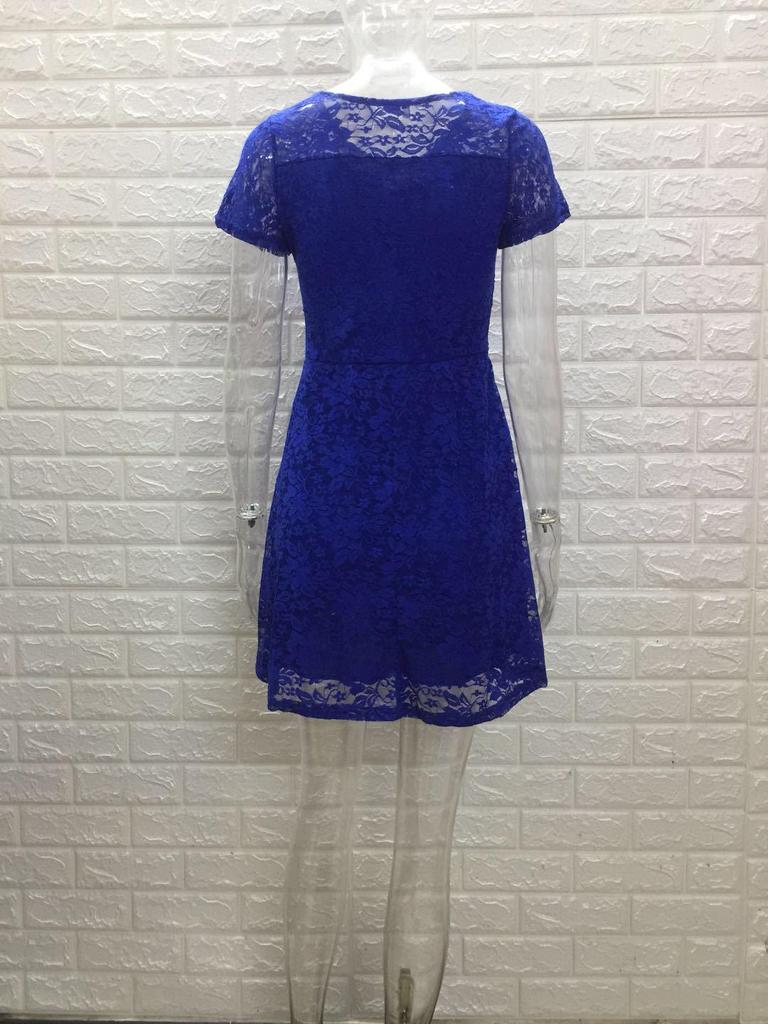 Elegant Blue Lace Trim Round Neck Short Sleeve Dress