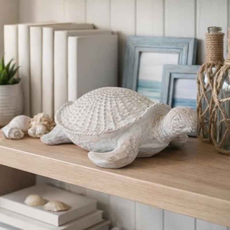 Coastal Style Resin Turtle Decorative Piece with Texture for Desktop Display. Maritime Beach Style Home Decoration Sculpture.