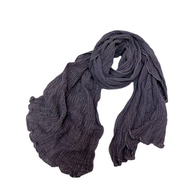 Thin Ramie Pleated Scarf Narrow Slender Cotton And Linen Japanese Literary And Artistic Solid Color Summer Neck Protection Small Shawl