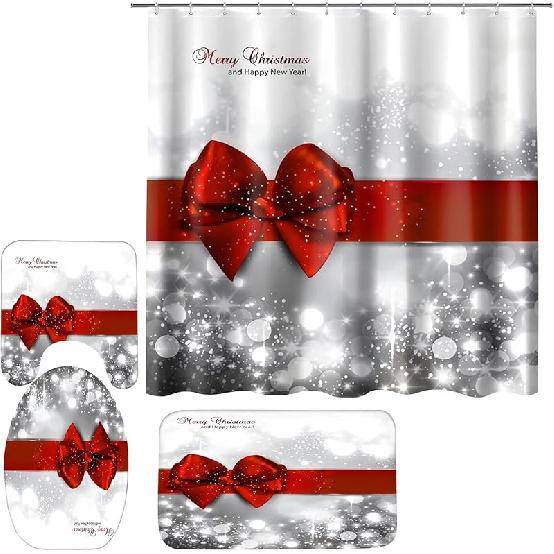 4PCS Christmas Fireplace Shower Curtain Sets, Christmas Tree Stocking Shower Curtain Sets with Rugs, Toilet Lid Cover and Bath Mat for Bathroom Set