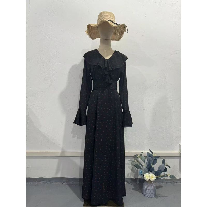 

Western Style Chiffon Printing Lotus Leaf Sleeve V-neck Dress Printed Lotus Leaf Sleep Dress Color 2XL