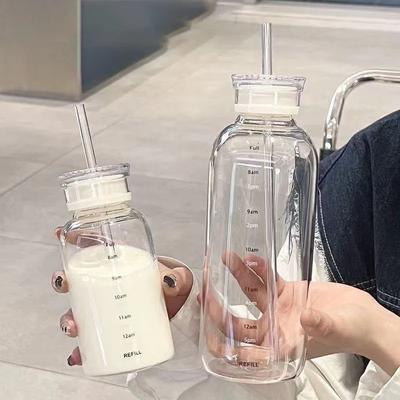 300-750ml Double Lid Water Bottle High Borosilicate Glass Water Cup with Straw Korean Portable Milk Juice Cup with Time Marker