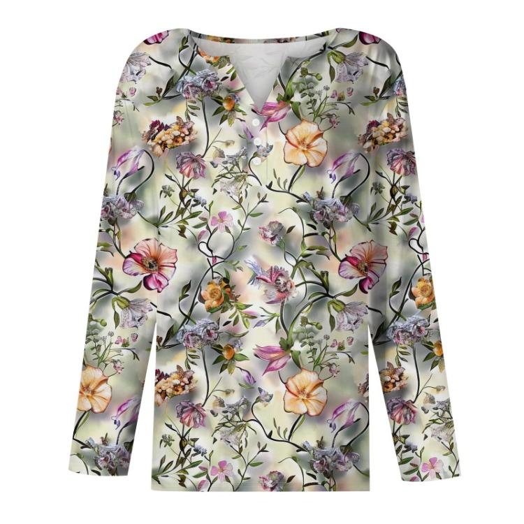 Damen T-Shirt mit Blumenmuster V-Ausschnitt Langarm Reguläres Oberteil Basic T-Shirt Alltags-Wochenend-Mode Knopf