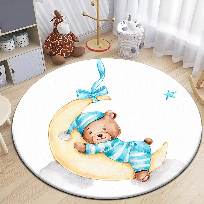 Cartoon Cute Little Bear Animals Round Carpet for Living Room Decor Kid's Bedroom Play Floor Mat Anti-Slip Camping Picnic Mats