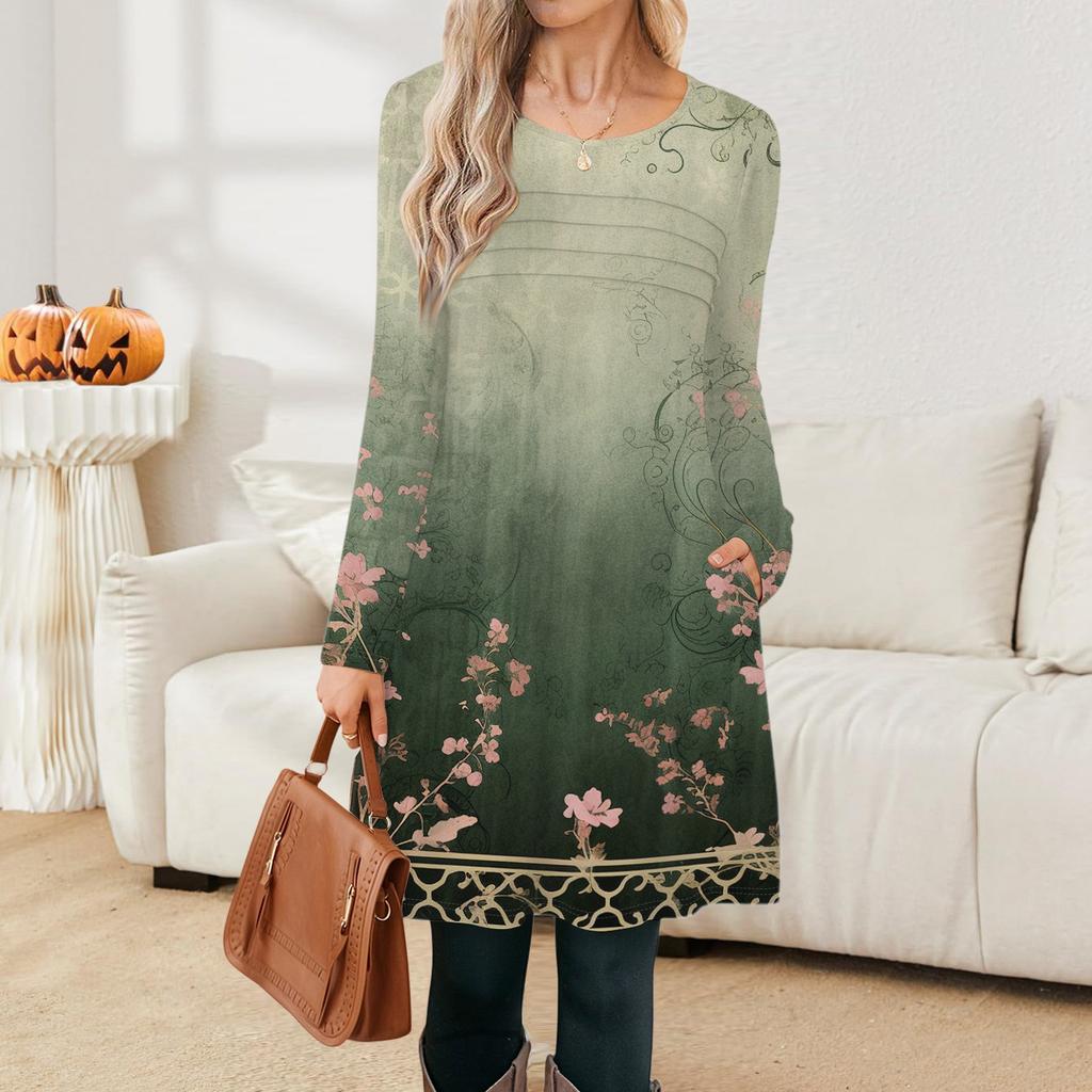 Women's Long Sleeve Dress Fall Casual T Shirt Loose Fit Pleated Front Dresses With Pockets