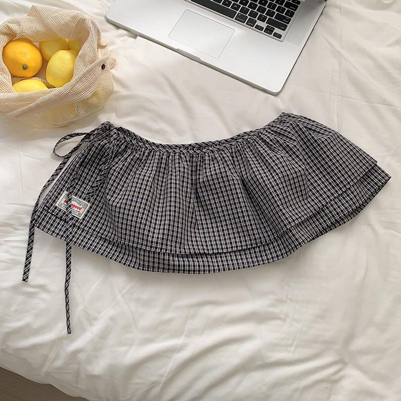 

Trendy Retro Plaid Tie Skirt with Double-Layer Butt Flap One Size
