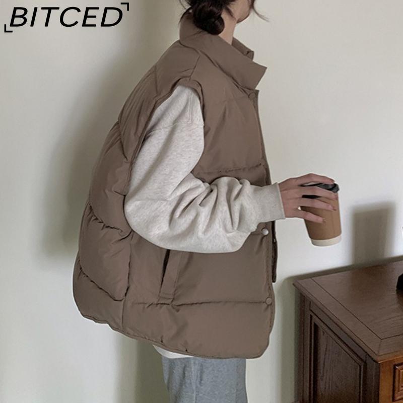 BITCED Down-Filled Cotton Vest for Women Stand-Up Collar, Short-Length Autumn/Winter Loose-Fit Cotton Jacket Lightweight Vest Outerwear