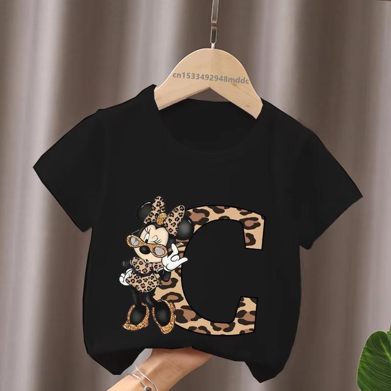 Mouse Leopard Letter A B C Name Print Unisex Women Tops Kids Tshirt Clothes Black Short Sleeve Black T Shirt