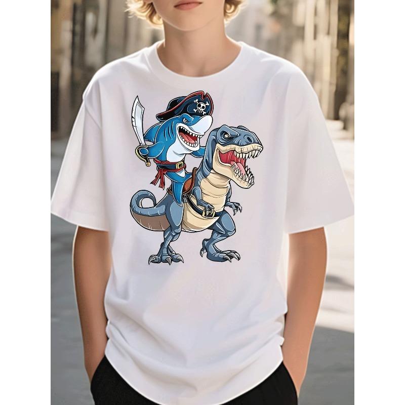 T-Shirt Boys Clothing Casual Trendy Pirate Shark Riding T-Rex Dinosaur Graphic 110 белый