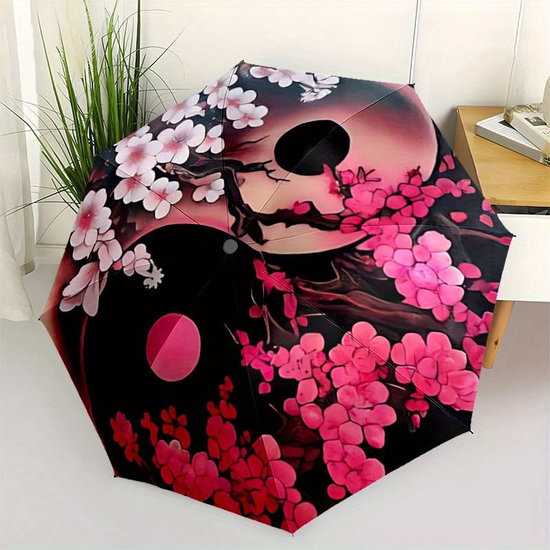 1pc Cherry Blossom Yin Yang Automatic Opening/closing Umbrella, Reinforced 8-Rib Construction, Compact Travel Umbrella Yy250808122
