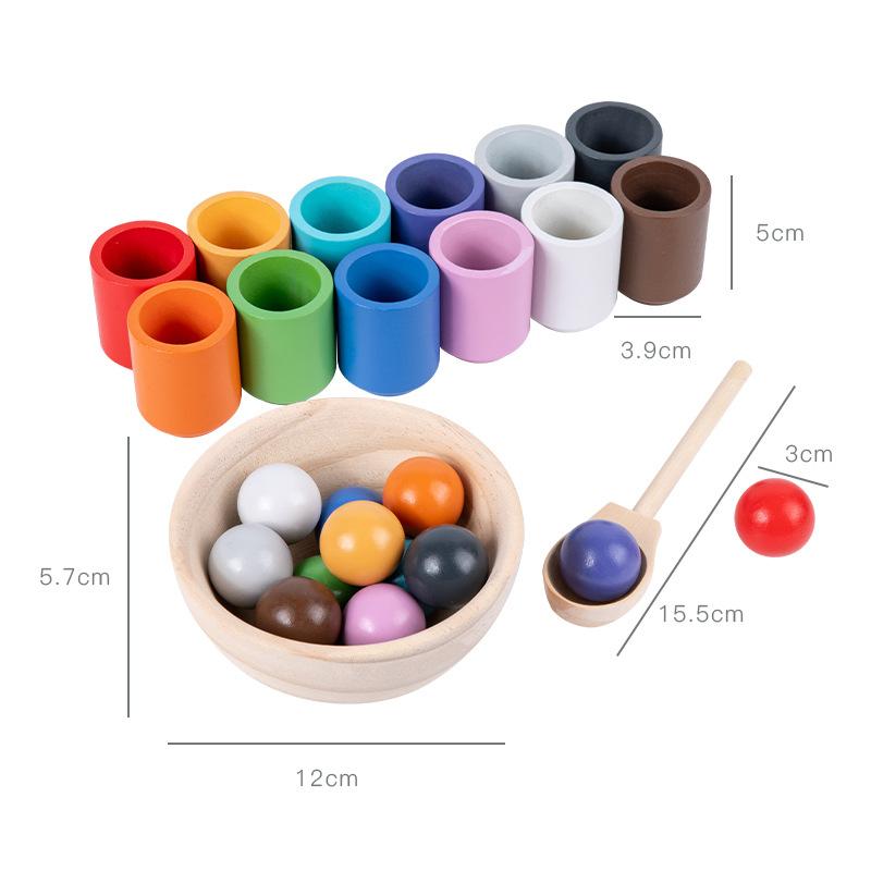 Early Education Wooden Set, 12 Colors, Ball and Cup, Color Classification, Bead Clamping, Color Recognition Matching, Educational Toy