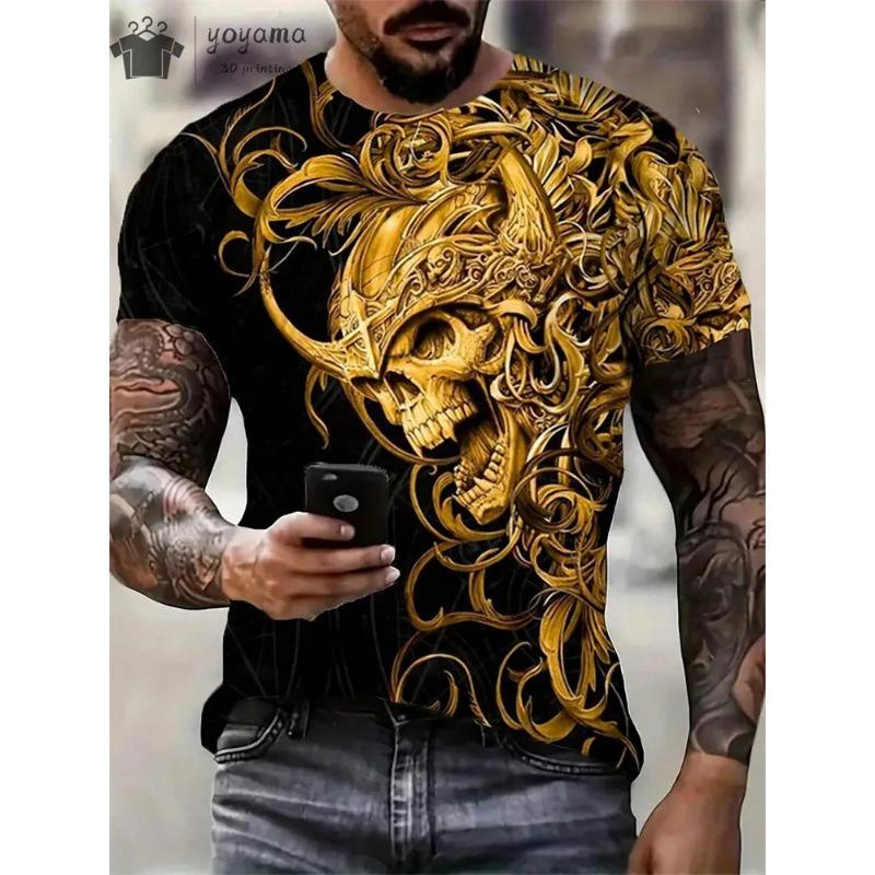 Hot Selling Summer Men's Halloween Horror Skull Print Comfortable and Breathable Round Neck T-shirt Outdoor Casual Party Top
