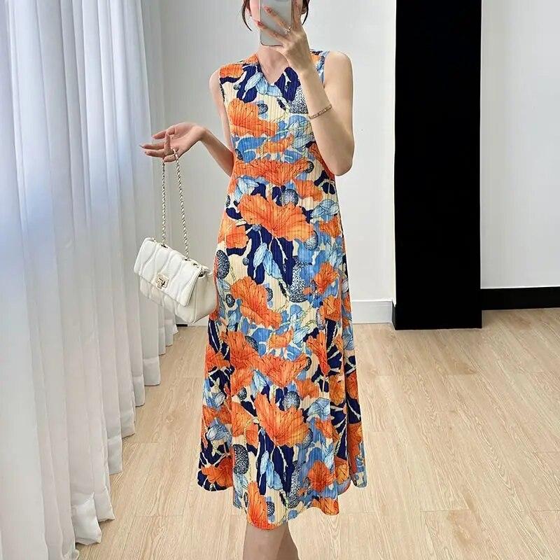 Tank Top Rock Kleid Frauen Sommer Kontrast Druck Elegante Temperament Lose und Schlank V-ausschnitt Ärmelloses Plissee Kleid Weibliche