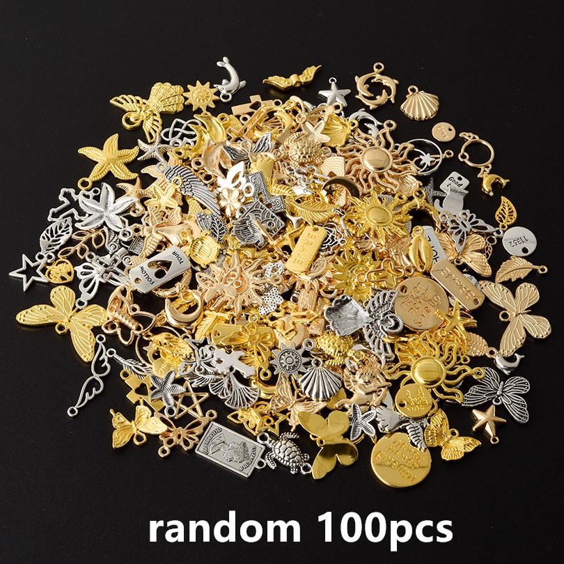 Random Mix 10/20/30/50/100pcs Alloy Metal Charm Sun Moon Star Butterfly Cross Sea Animal Pendants For Jewelry Making Accessories