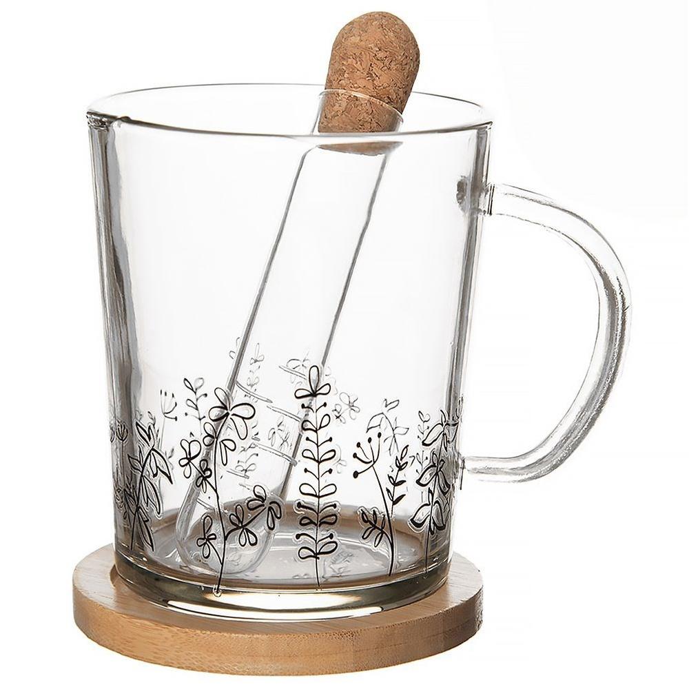 Duży Kubek + Zaparzacz do Herbaty Ziołowej z Bambusowym Stojakiem Szklanym