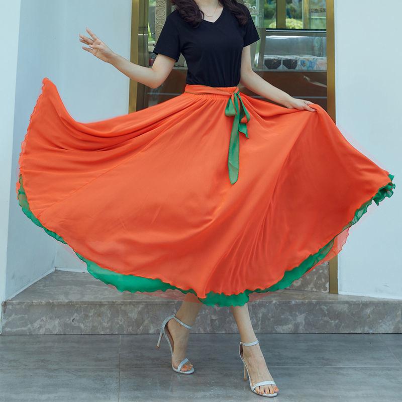 

Танцевальные юбки, шифоновые длинные юбки для женщин, элегантные повседневные пляжные макси-юбки с высокой талией в стиле бохо, носить с обеих сторон XL