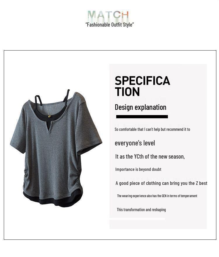 Women's Plus Size Patchwork Faux Two-Piece Short Sleeve T-Shirt - Loose, Slimming, Versatile Summer Style