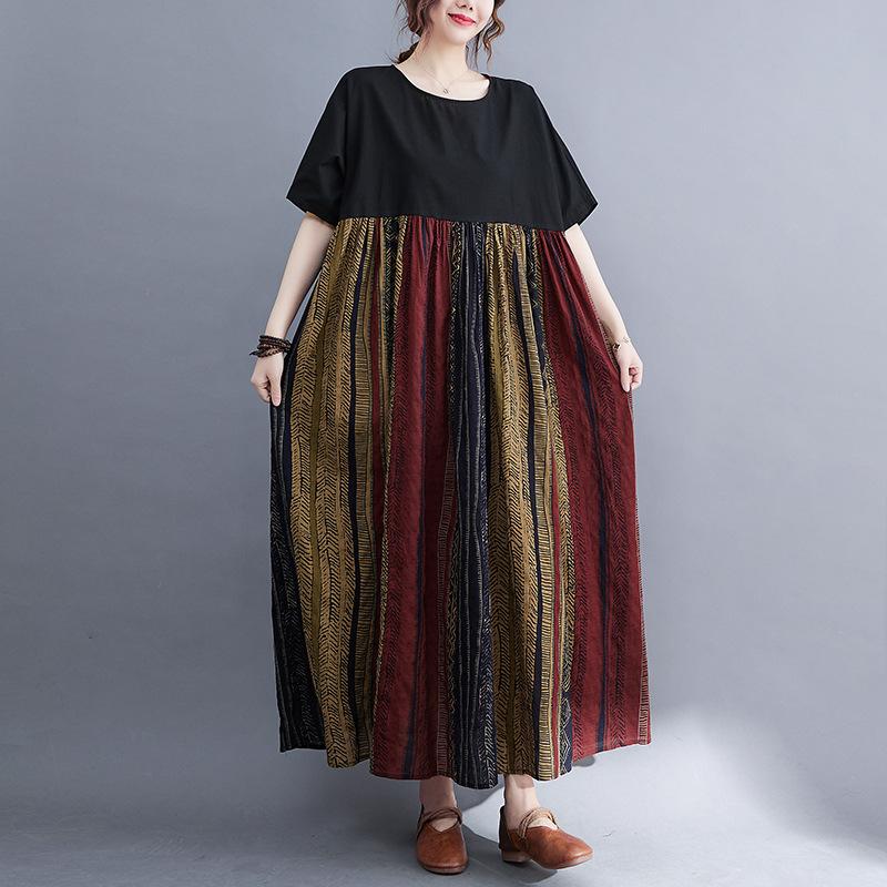 Real shot summer new literary large size loose cotton and linen printing short-sleeved dress women's long dress