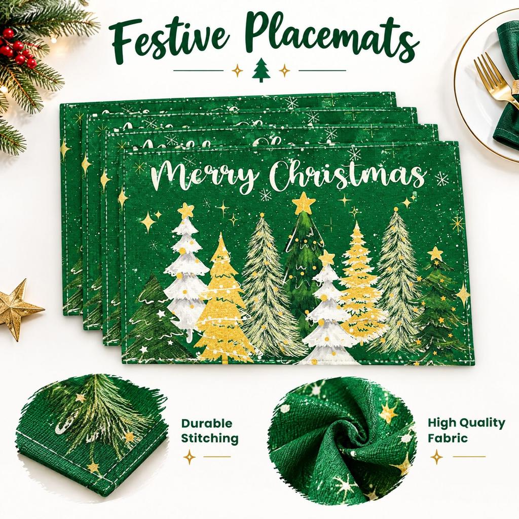 Christmas Placemat Set of 4, Christmas Tree Heat- Table Mats for Holiday Home Decor