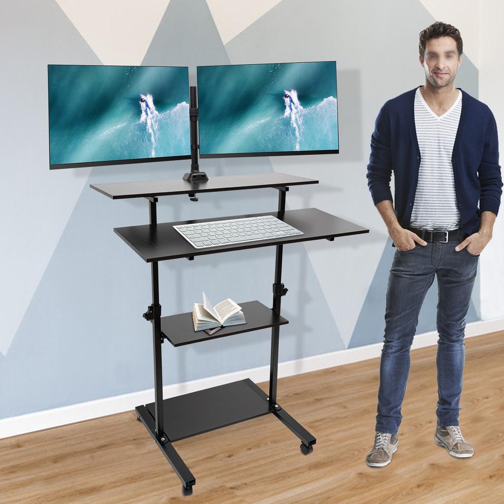 4-tier Stand Up Desk, Wide Mobile Stand Up Desk, Height Adjustable Rolling Workstation Rectangular for Office, Living Room