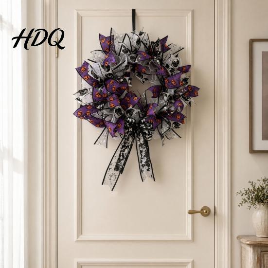 Halloween Wreath Mesh Ribbon for Front Door Spooky Skull Pumpkin with Door