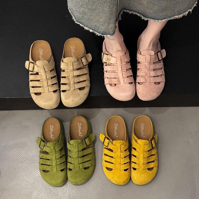 Woven bag head half slippers women's summer wear new one-pedal soft-soled yellow fish bone shoes sandals