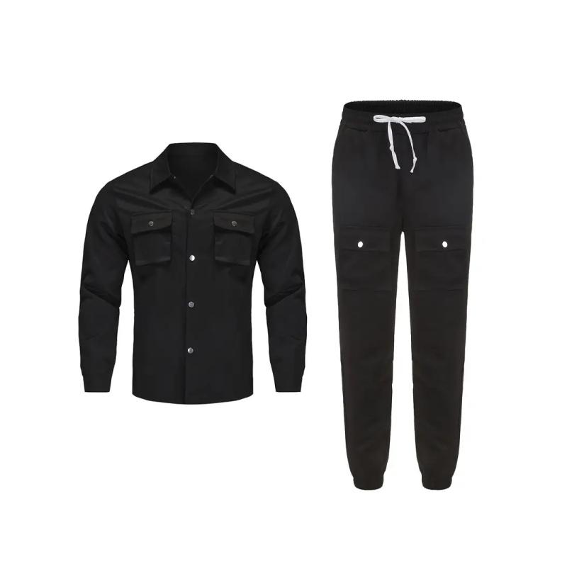 Men's, Solid Color Long Sleeve Button Down Jacket with Chest Pocket and Drawstring Pants with Multiple Pockets, Outdoor 2 Piece Set