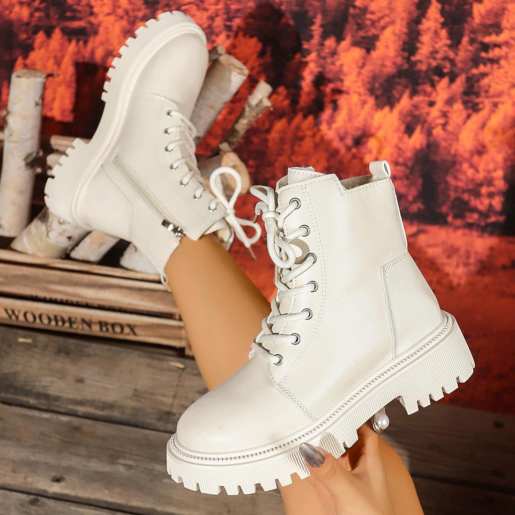 Mode Dames Laarzen Comfortabele Lage Hakken Leren Schoenen Mode Veters Platform Gevechtslaarzen Vrouw Winter Warm Korte Pluche Enkellaarsjes Dames