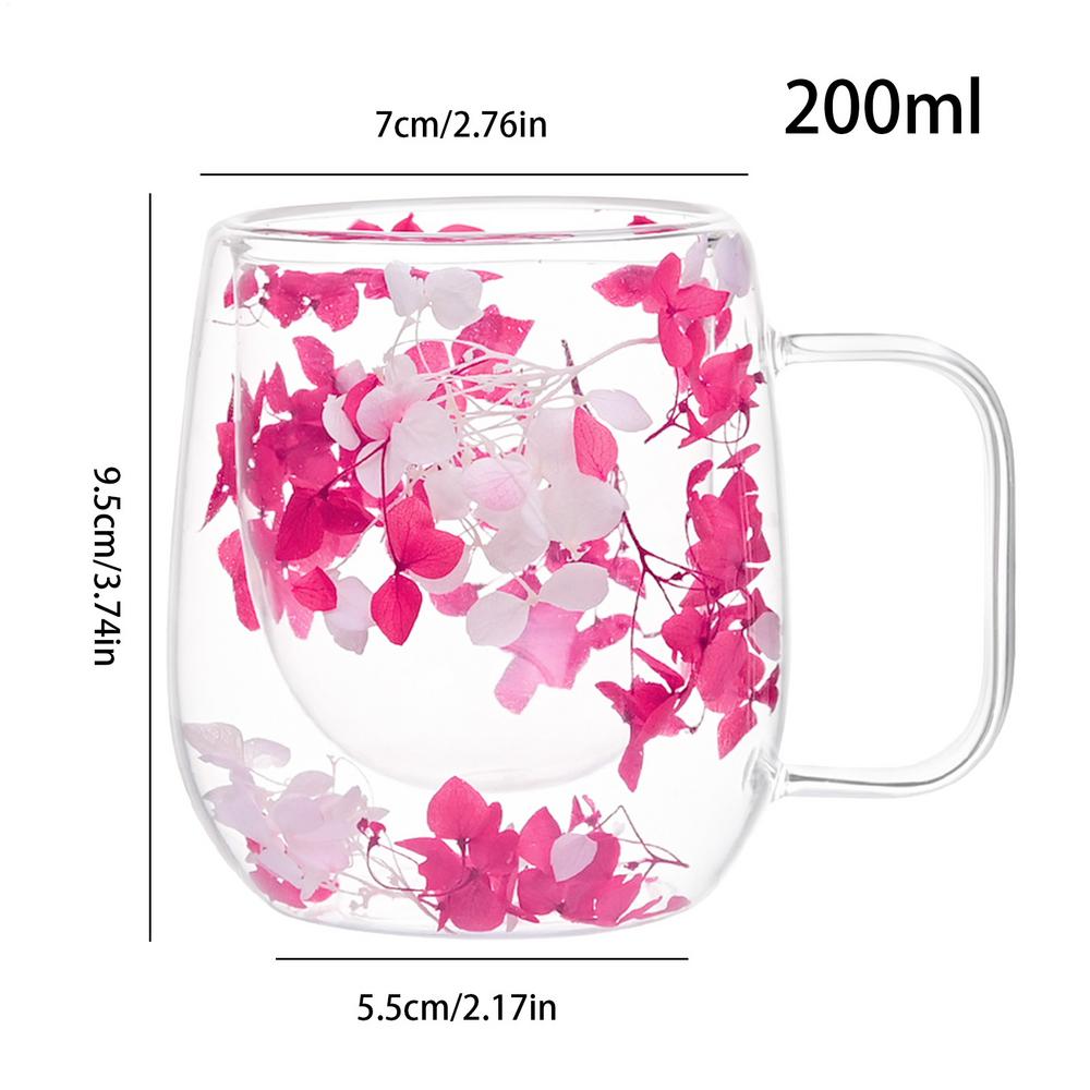 Double Wall Glass Cup 200ml Clear Dried Flowers Milk Tea Coffee Mug with Handle Gifts Friends Home Water Cup Drinking Glasses