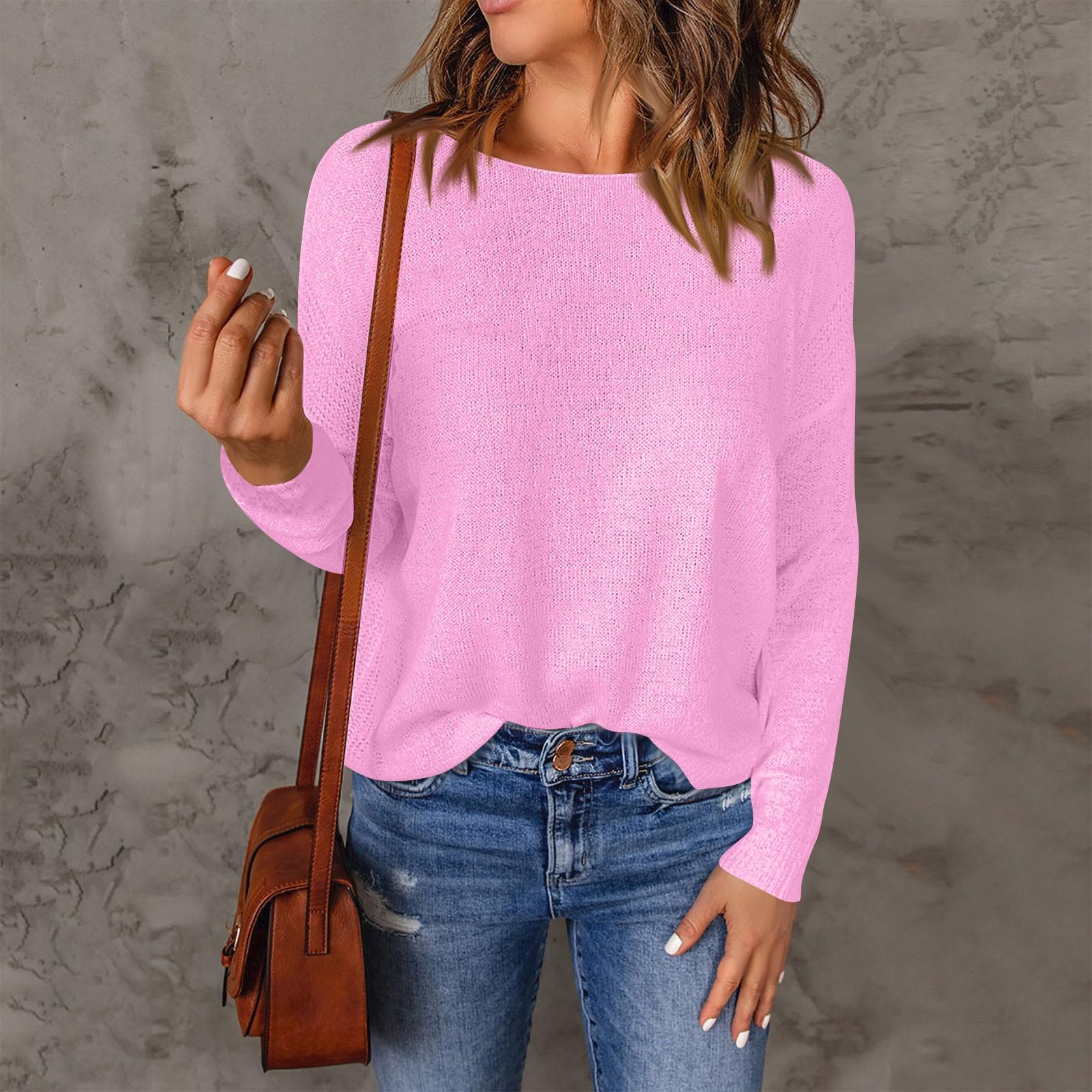 

Женский свитер с длинным рукавом, повседневный, универсальный, с круглым вырезом, однотонный топ XXL розовый