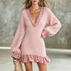 Women Leopard Print Trim V Neck Lantern Sleeve Ruffle Hem Knit Mini Dress