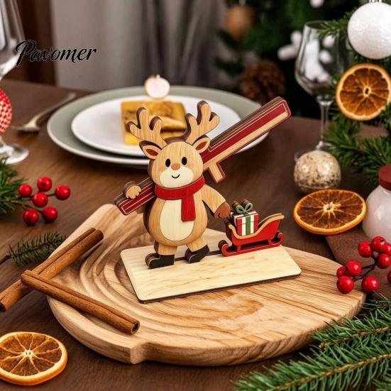 Reusable Wooden Christmas Figures Tabletop Ornament, Cute Spliced Elk/Santa Claus/Snowman Desktop Handmade Style Holiday Table Ornaments Decorations