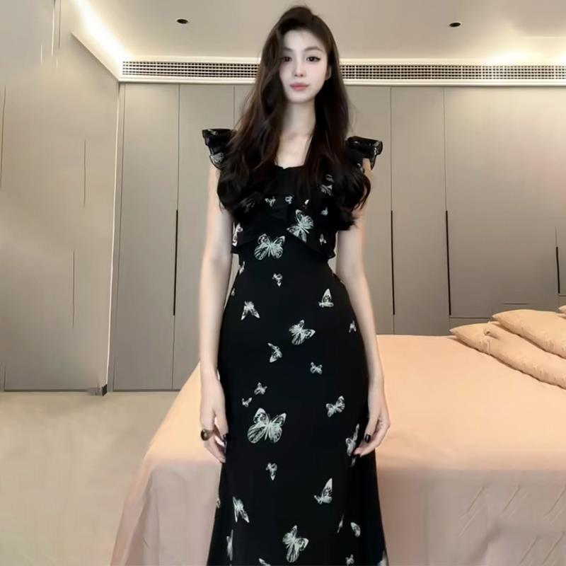 Xiaofei Sleeve Black Floral Dress Children's Summer 2026 New Pear-shaped Figure French Thin Waist Dress