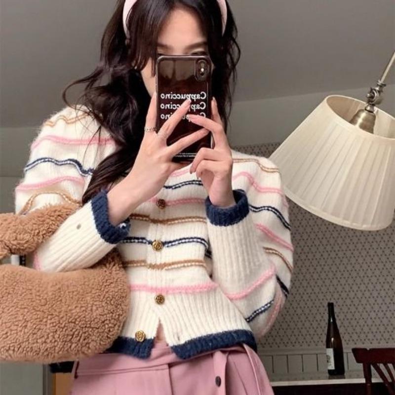 Cardigan Kontrast Stripete Genser Frakk Dame Vår og høst 2023 Løs koreansk versjon Lazy Knit Genser Cardigan Dame Topp