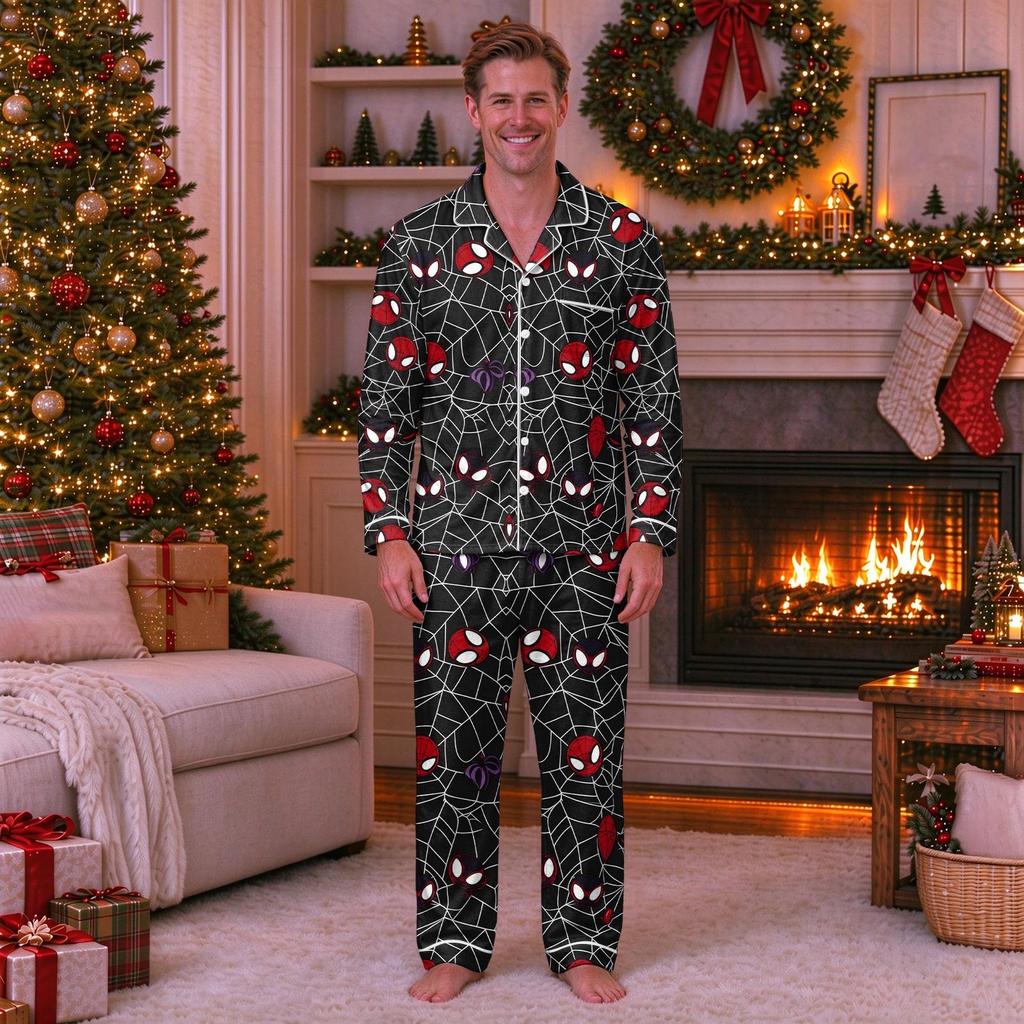 Christmas Print Family Matching Outfits with Stand Collar and Button Front for Holiday Photos