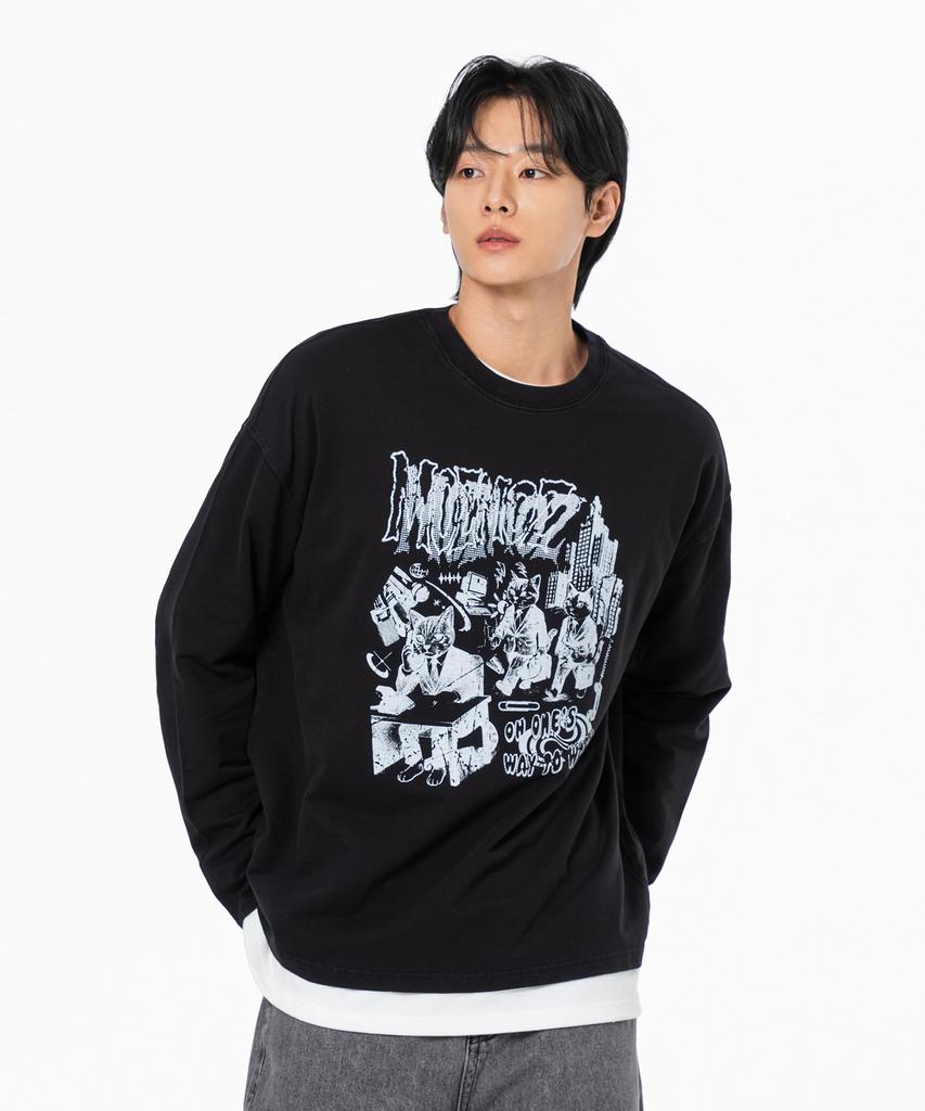 MOZMOZ Commuting Cat Graphic Pigment Long Sleeve Black