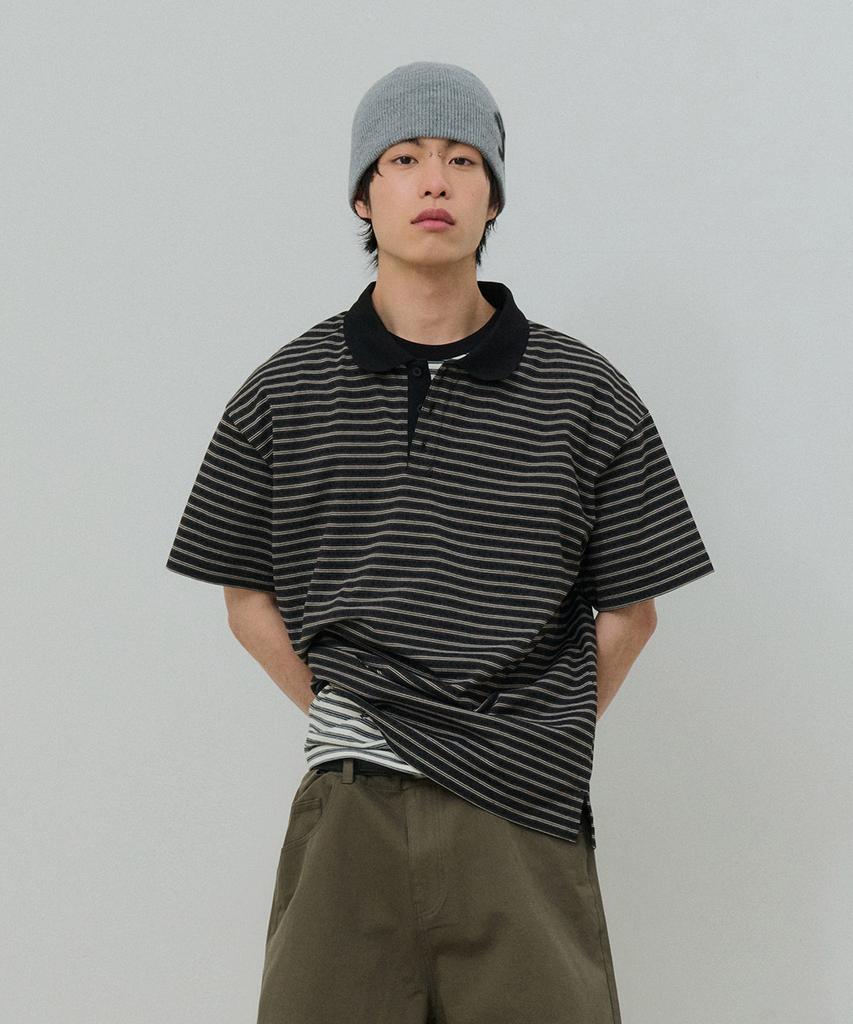 Desiledeu Striped Collared Short Sleeve T-Shirt-Fbsk5701D03