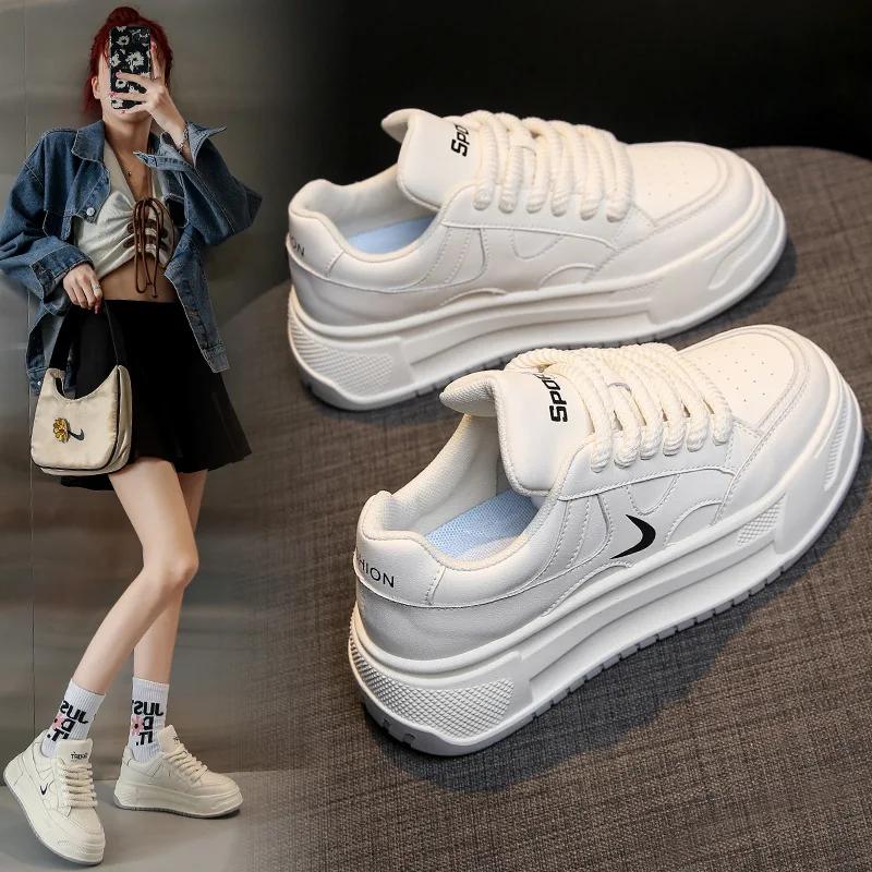 Fashion Women's Board Shoes Thick Soled Height Increasing Waterproof Sneaker Casual Versatile Vintage Lace-Up Running Sports 2025