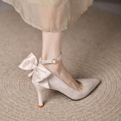 Fashion Women Pumps Bowknot Pointed Toe Stiletto Sexy 11cm Thin Ankle Strap High Heels Female Red Wedding Shoes Plus Size